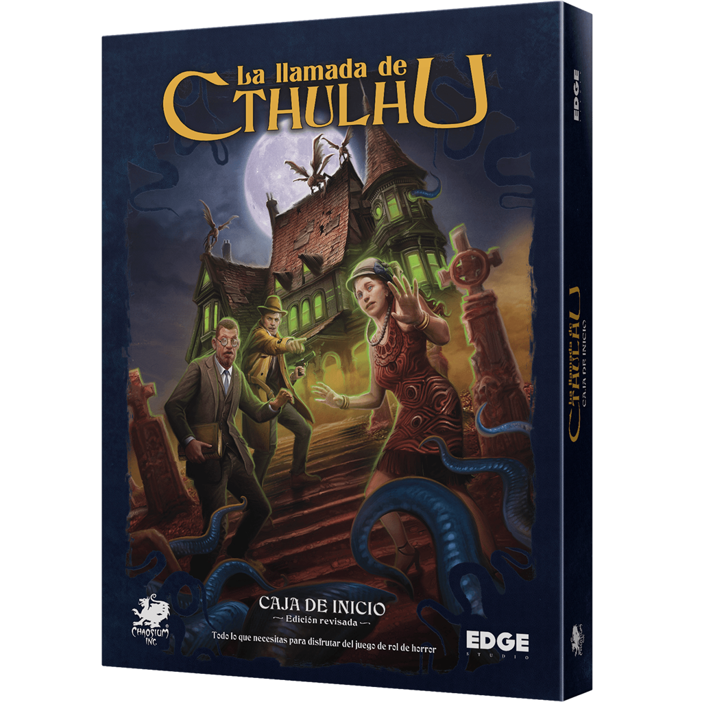 Caja de inicio La llamada de Cthulhu, edición revisada, con tres investigadores ante una mansión y tentáculos