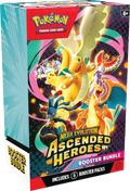 Caja Booster Bundle de la expansión Pokémon TCG Mega Evolution Ascended Heroes con ilustraciones de Dragonite, Lucario y Charizard