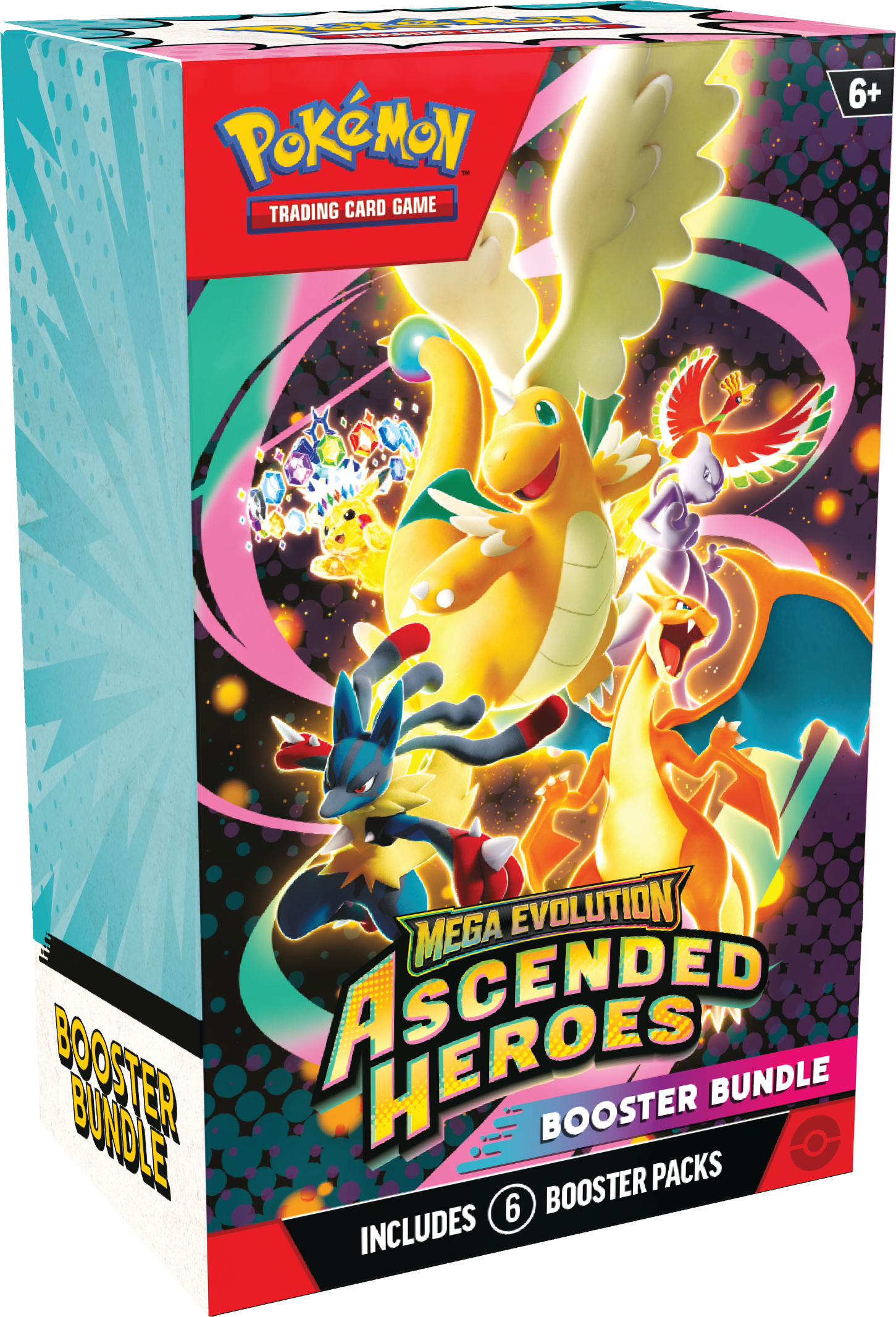 Caja Booster Bundle de la expansión Pokémon TCG Mega Evolution Ascended Heroes con ilustraciones de Dragonite, Lucario y Charizard