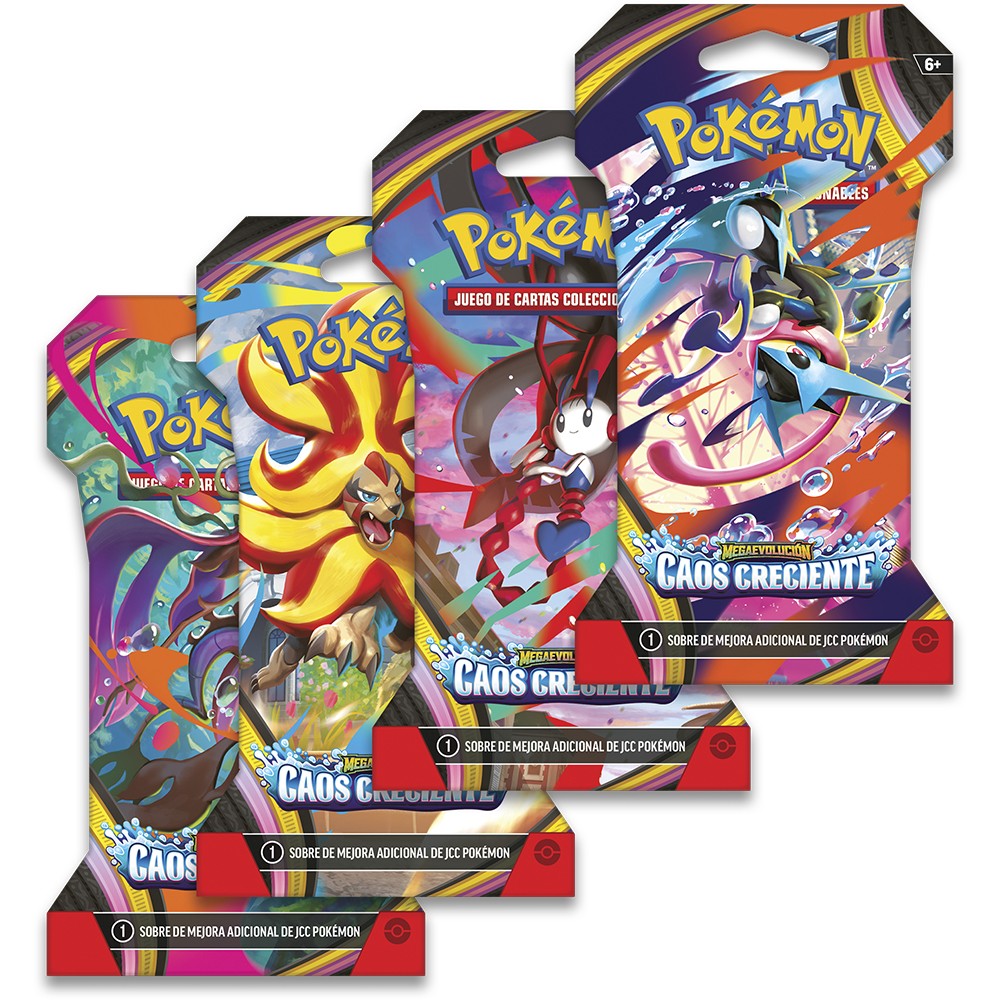 Cuatro blísters de cartón oficiales con sobres de cartas Pokémon TCG de la expansión Caos Creciente Megaevolución en su edición en español Emblistado