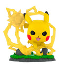 Figura Funko Pop! de Pikachu número 1127 realizando un ataque eléctrico con efectos de rayos amarillos a su alrededor