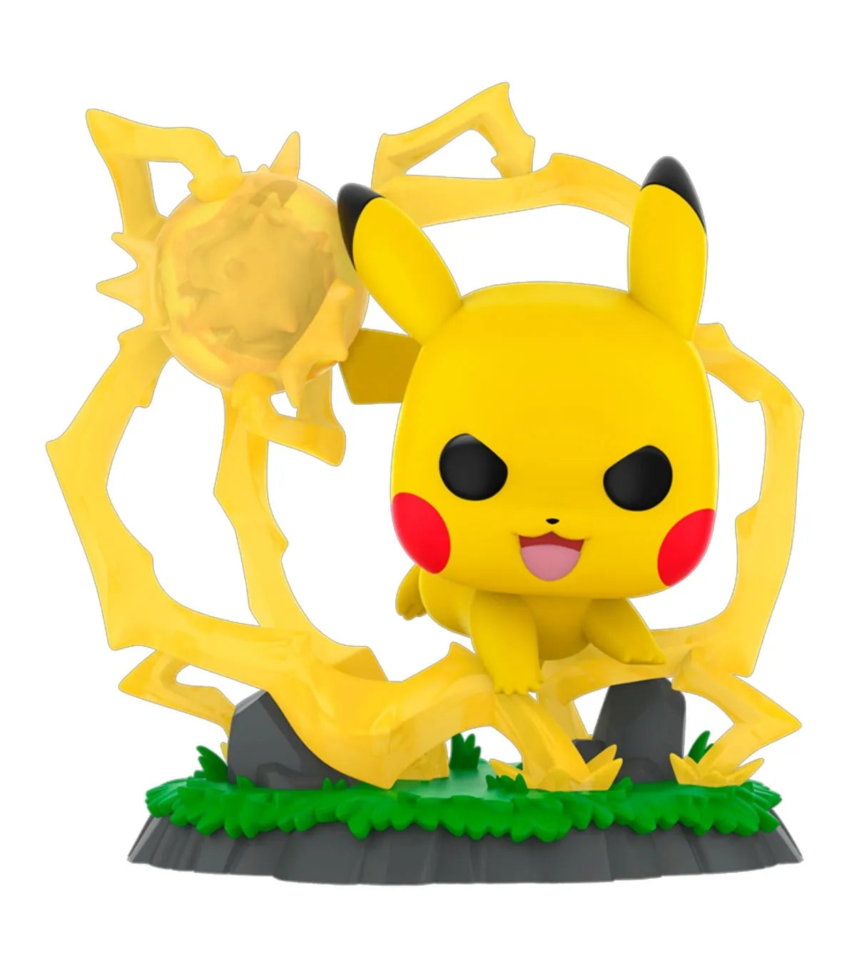 Figura Funko Pop! de Pikachu número 1127 realizando un ataque eléctrico con efectos de rayos amarillos a su alrededor