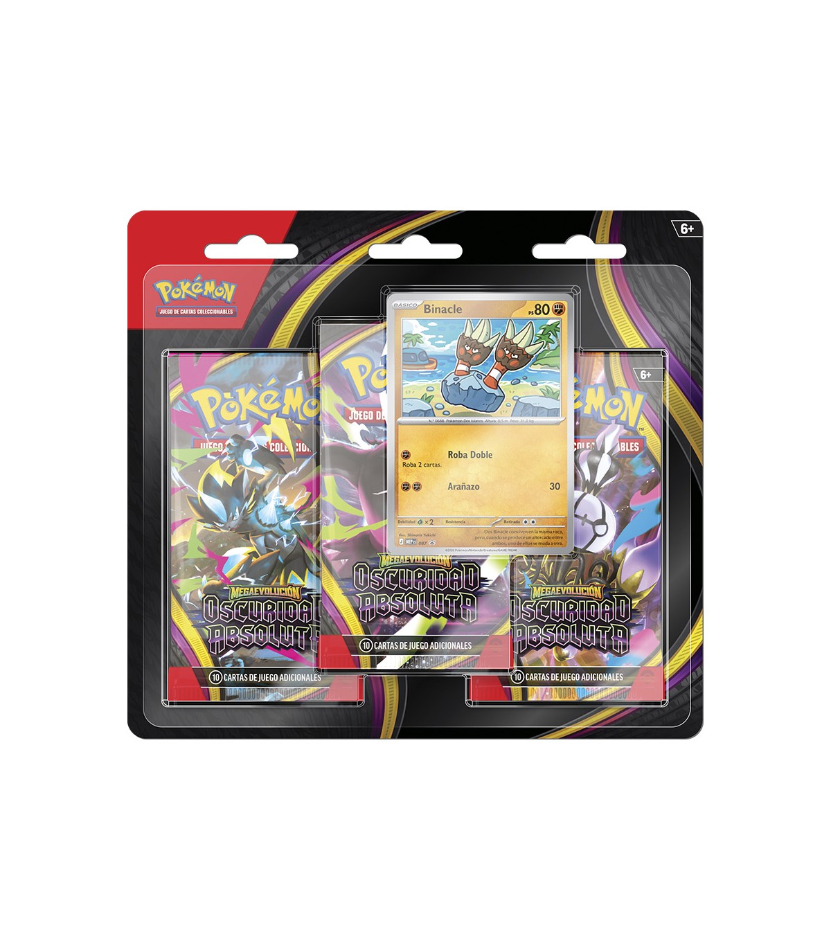 Blíster de 3 sobres Pokémon TCG Megaevolución Oscuridad Absoluta en español con carta promo de Binacle