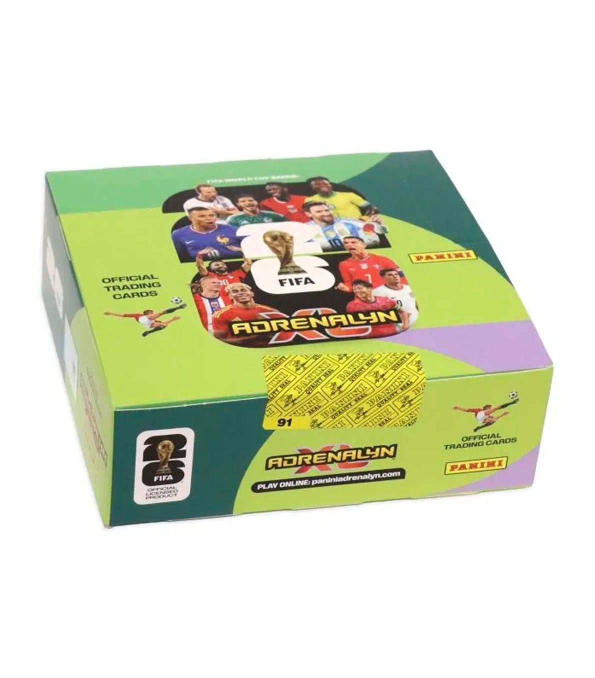 Caja de sobres Panini Adrenalyn XL oficial FIFA World Cup con cromos de Messi, Mbappé y Cristiano Ronaldo sellada con precinto de garantía