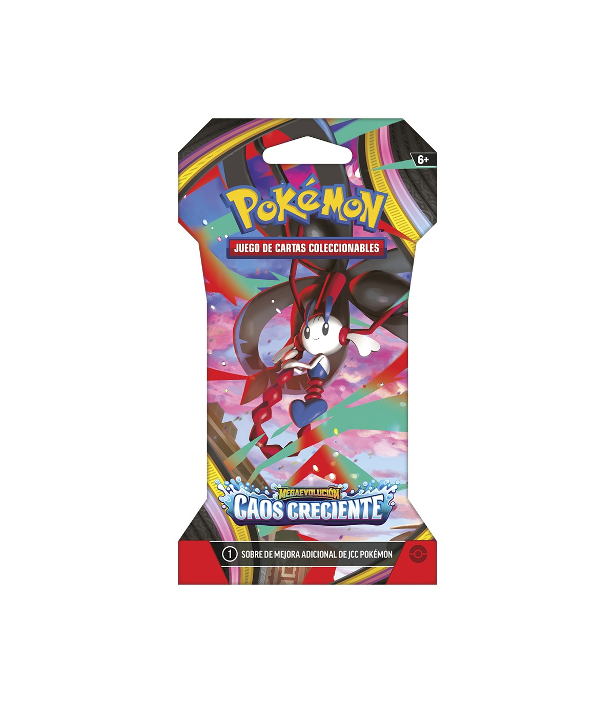 Cuatro blísters de cartón oficiales con sobres de cartas Pokémon TCG de la expansión Caos Creciente Megaevolución en su edición en español.