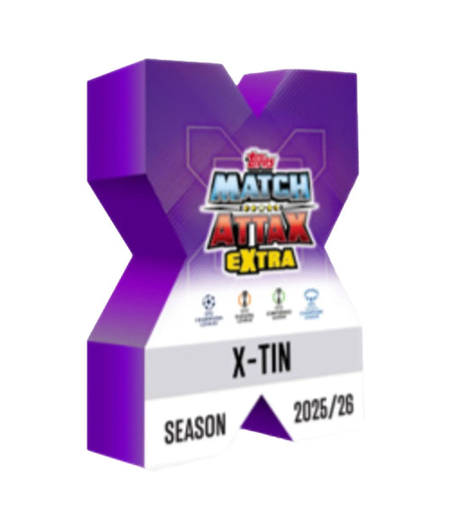 Lata coleccionable X-Mega Tin de Topps Match Attax Extra temporada 2025/26 con cartas de la UEFA Champions League